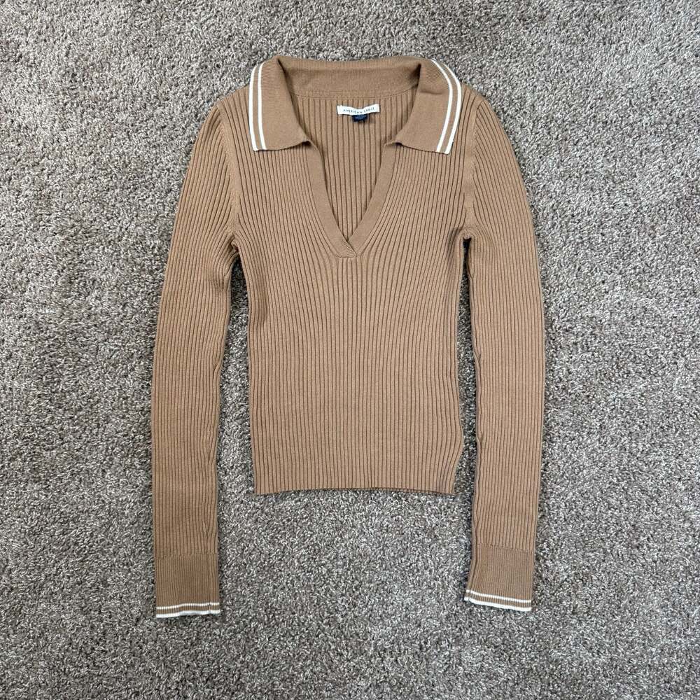American Eagle Ribbed Polo Sweater Top Neutral Quiet Luxury Preppy S